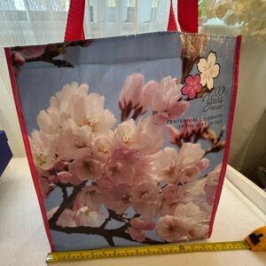 Cherry Blossom Tote Bag with Red Handles